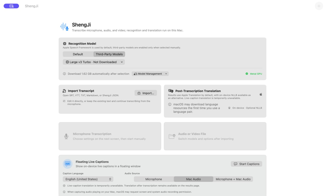 LocalScribe home screen with recognition, import, translation and live-caption controls