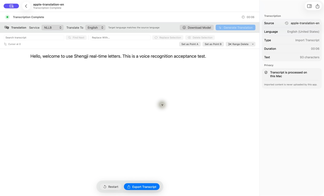 LocalScribe transcript editor showing translation, search, editing and export controls